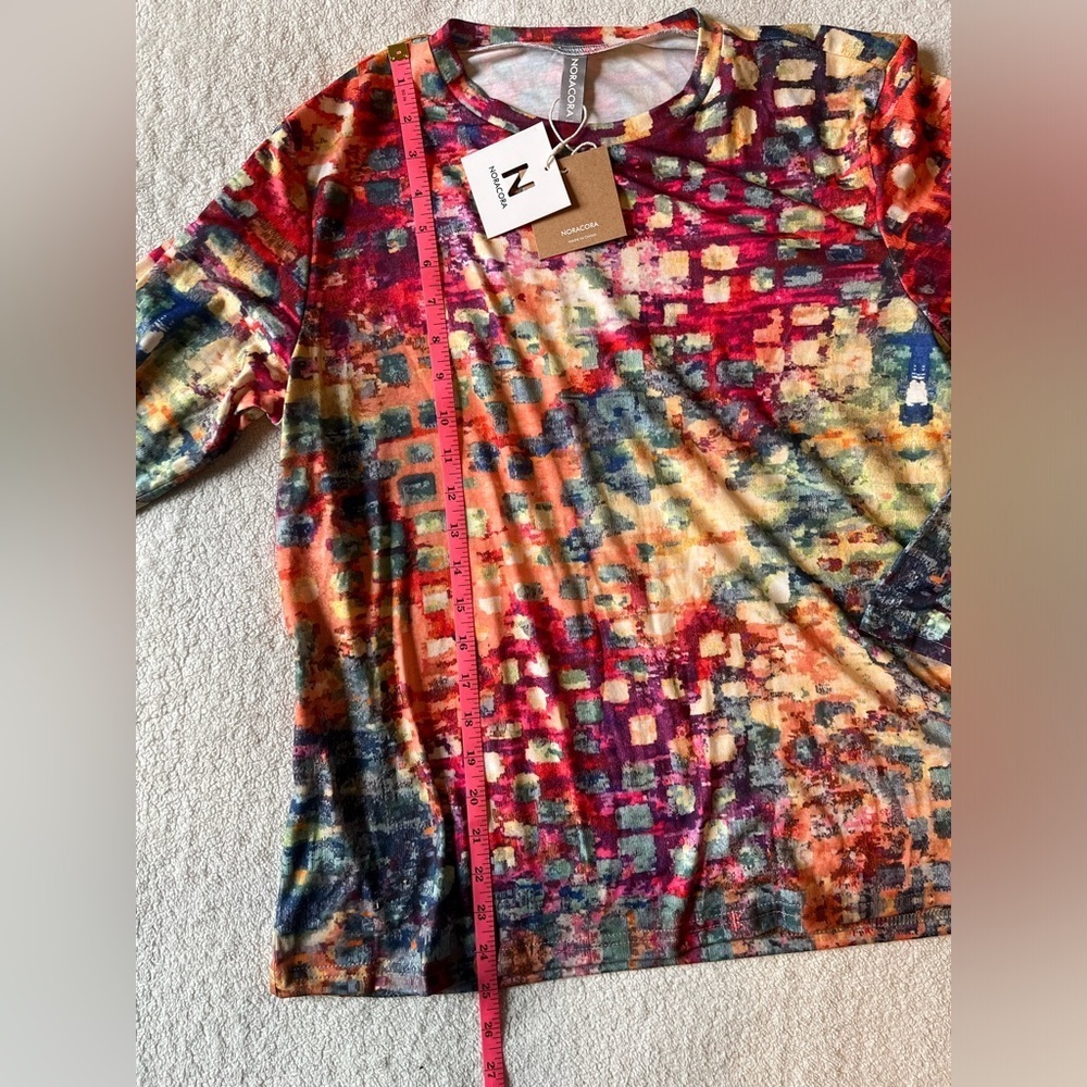 NWT vibrant impressionist block print long sleeve tee, red orange Noracora, Sz S - Picture 7 of 10